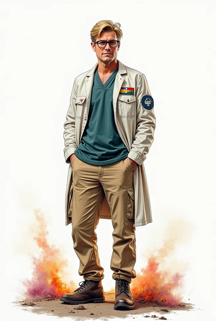 a drawing, bright coloured, A single man, 3, Cao Cao, dark blonde american hair, Eyeglasses, army doctor clothes, Beige pants, shoes, apocalypse style, white background, fully body