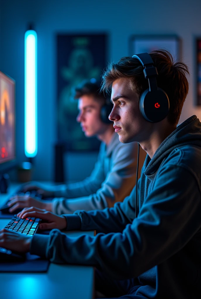 A 2 young man sits in a dark, immersive gaming room, illuminated by soft blue LED lights that accentuate the details of his gaming setup. He is seated in a high-tech gaming chair, deeply focused on the bright screen in front of him, with the light from the screen reflecting off his face. The room is filled with high-end gaming equipment, including a keyboard, mouse, and headphones, all arranged neatly on a sleek desk. The walls are adorned with posters of popular video games, adding to the futuristic and engaging atmosphere. The overall perspective is frontal, capturing the intensity and dedication of the young gamer in this cutting-edge environment