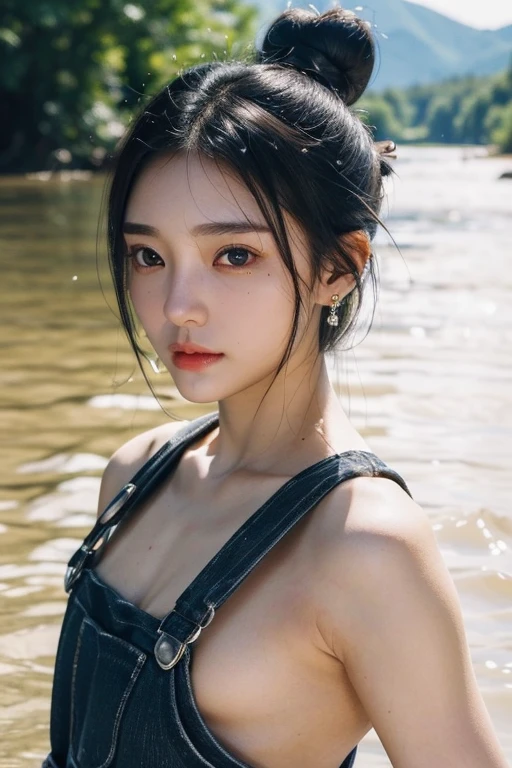 (2 pure Japanese girl,), (Small breasts:1.5,),(Mole on left side of neck:1.5),(solo,,Textured skin, Detailed skin,Detailed face,Detailed eyes,detailed posing,Natural eyebrows,Sparkling Eyes,High detail, Highest quality, Super detailed, Surrealism, ,8k,RAW Photos,Photographicism,Professional Lighting,Ray Tracing,Portrait Photography,Natural Light),(((Black Hair, Natural Makeup,Simple earrings, Bun Hair,Overalls))),(Fishing in the river:1.3)