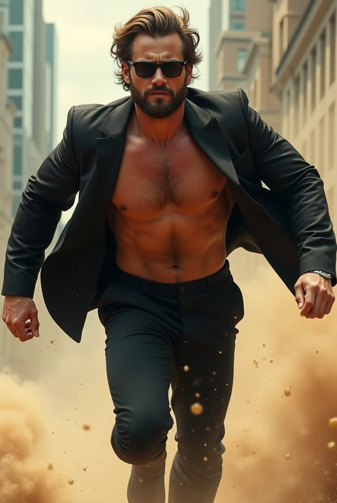 Masterpiece、Highest quality、Super fine、Fine、High resolution、Perfect dynamic composition、Detailed muscles、Abdominal muscles、Pectoral muscle、Realistic、Hunter on the run、sunglasses、Naked and in a black suit、Chase scene in "Run for Money"、Thick chest and belly hair