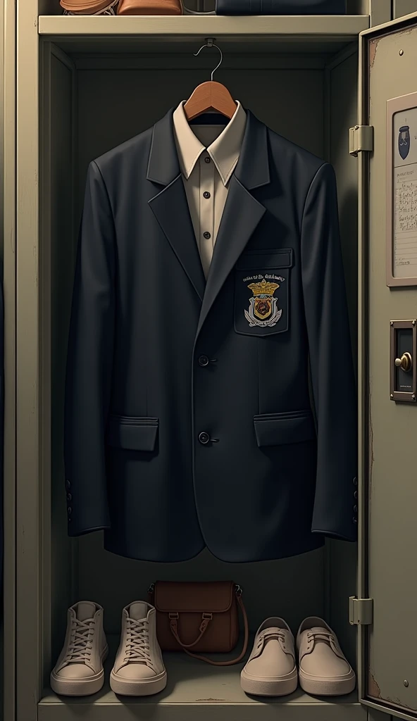 A neatly hung school blazer inside a metal locker. The blazer is part of a traditional Japanese school uniform, dark navy or black in color, with a school emblem on the chest pocket. The locker interior is slightly worn, with personal items such as a school bag, a pair of neatly placed shoes, and a small mirror on the inside of the locker door. The lighting is soft and warm, casting subtle shadows that add to the nostalgic and calm atmosphere.