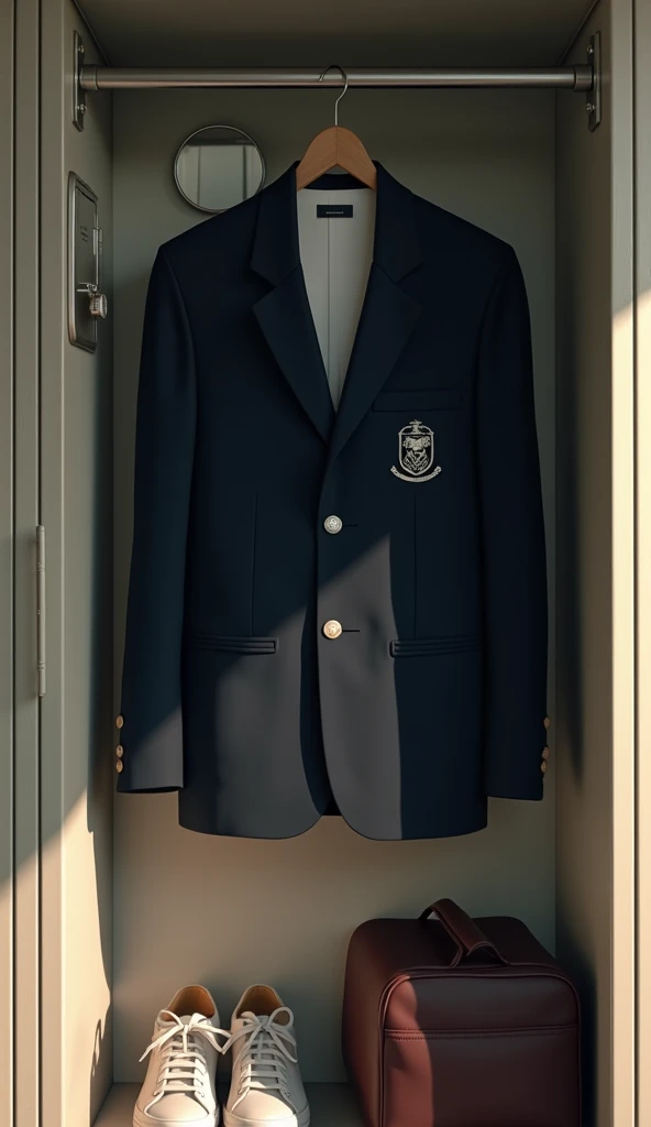 A neatly hung school blazer inside a metal locker. The blazer is part of a traditional Japanese school uniform, dark navy or black in color, with a school emblem on the chest pocket. The locker interior is slightly worn, with personal items such as a school bag, a pair of neatly placed shoes, and a small mirror on the inside of the locker door. The lighting is soft and warm, casting subtle shadows that add to the nostalgic and calm atmosphere.