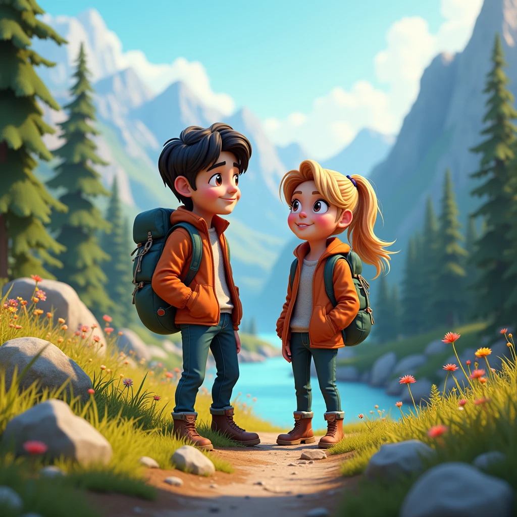 couple in outdoor, black hair male, blonde hair female, jacket and backpack, nature theme, 3d cartoon, fantasy art, a text written BRE & NDA, masterpiece, high definition, extreme detail, cinematic lighting, 4K