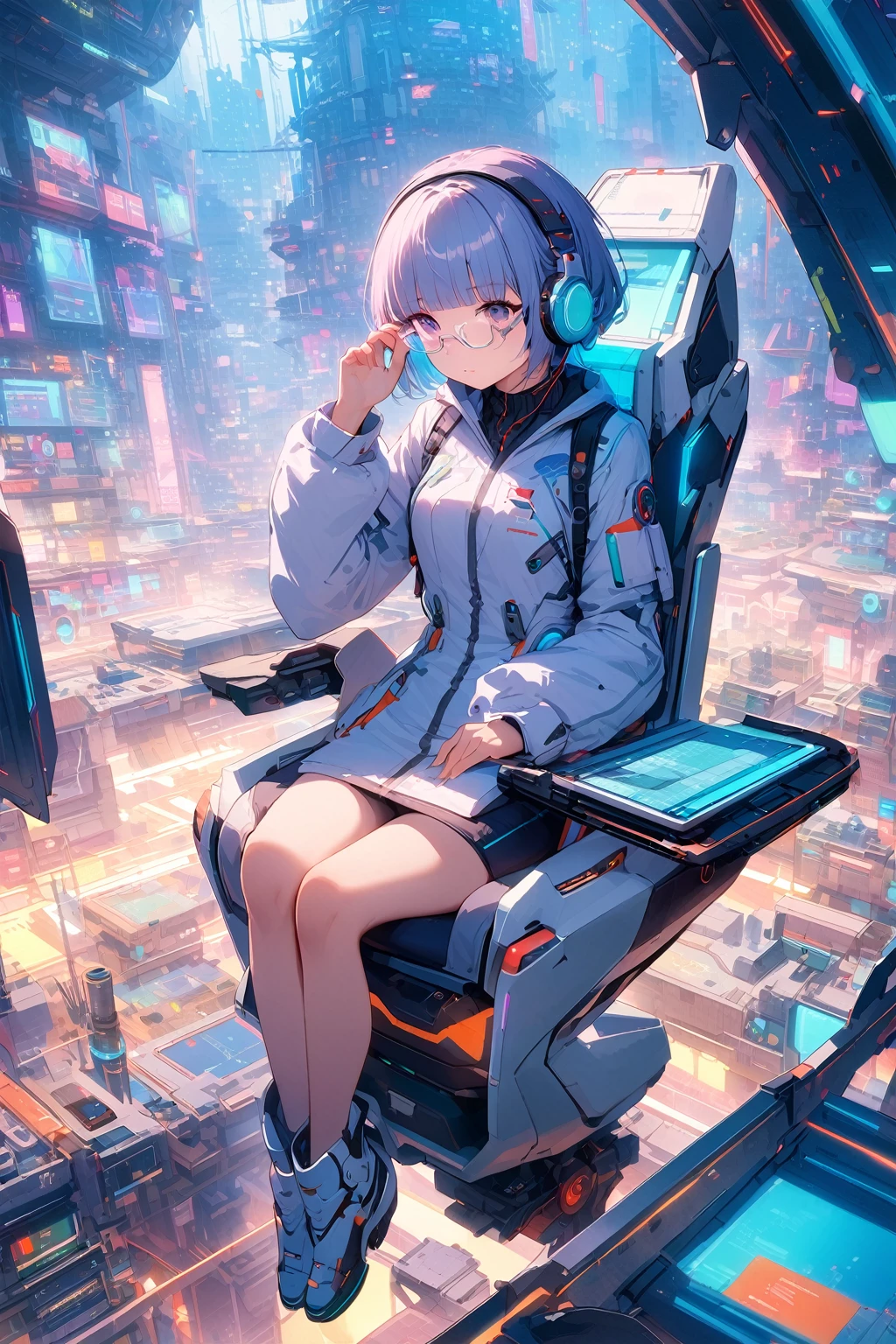 (extremely detailed fine touch:1.3), Vibrant colors, Soft tones, With warm and gentle lighting, girl, solo, (((silver semi-rimless eyewear:1.3))), (headphone:1.0), short hair, blunt bangs, full body, sitting Futuristic floating chair, Laptop resting on thigh, Faithfully recreates the gesture of putting on glasses, Futuristic, Futuristic White coat, Science Fiction, Science Fiction Laboratory, Various research machines, Futuristic Under Research