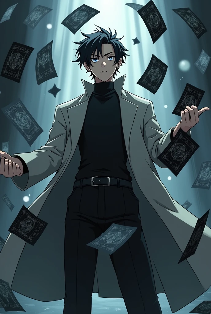 gojou satori whose main weapon is the use of cards like tulbacaim from hellsing - the hair should not be too long, his outfit should be minimalist and more casual he wears an overcoat - the cards should be black with silver details. The outfit should follow the pattern of the anime Jujutsu Kaizen and give the impression of a villain., the cards must surround him
