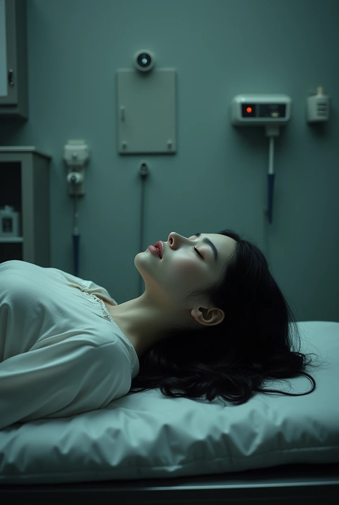 A girl in blue black border dead body laying down in a morgue bed 4k realistic 