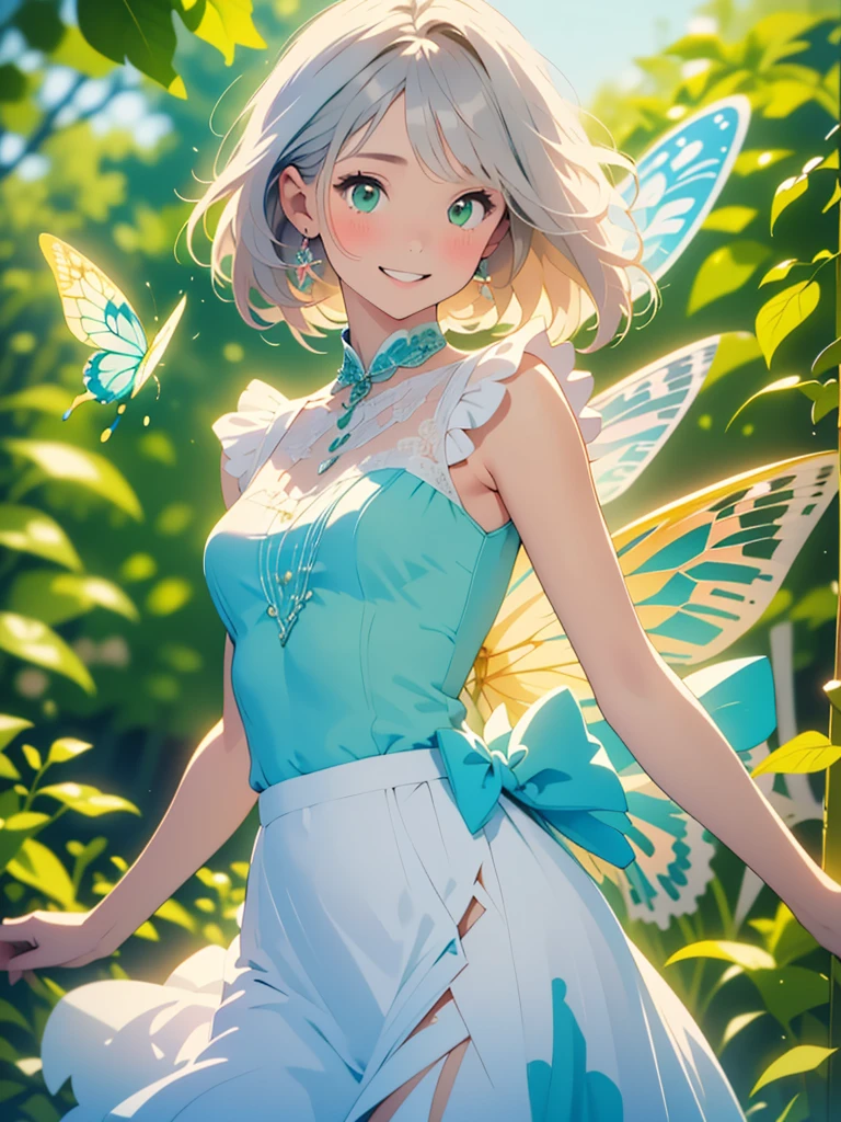 (masterpiece, Highest quality, Highest quality, Beautiful and beautiful:1.2), Excellent anatomy, (Watercolor painting 1.5), Long Shot, Straight short hair picture, Trendy Hair Color, Beautiful smile, Fairy, Butterfly Fairy costume, Pure white , Pure, charm, Colorful flowers of various colors, Flowers and green leaves wind, Botanical Art, Mr.A pose,