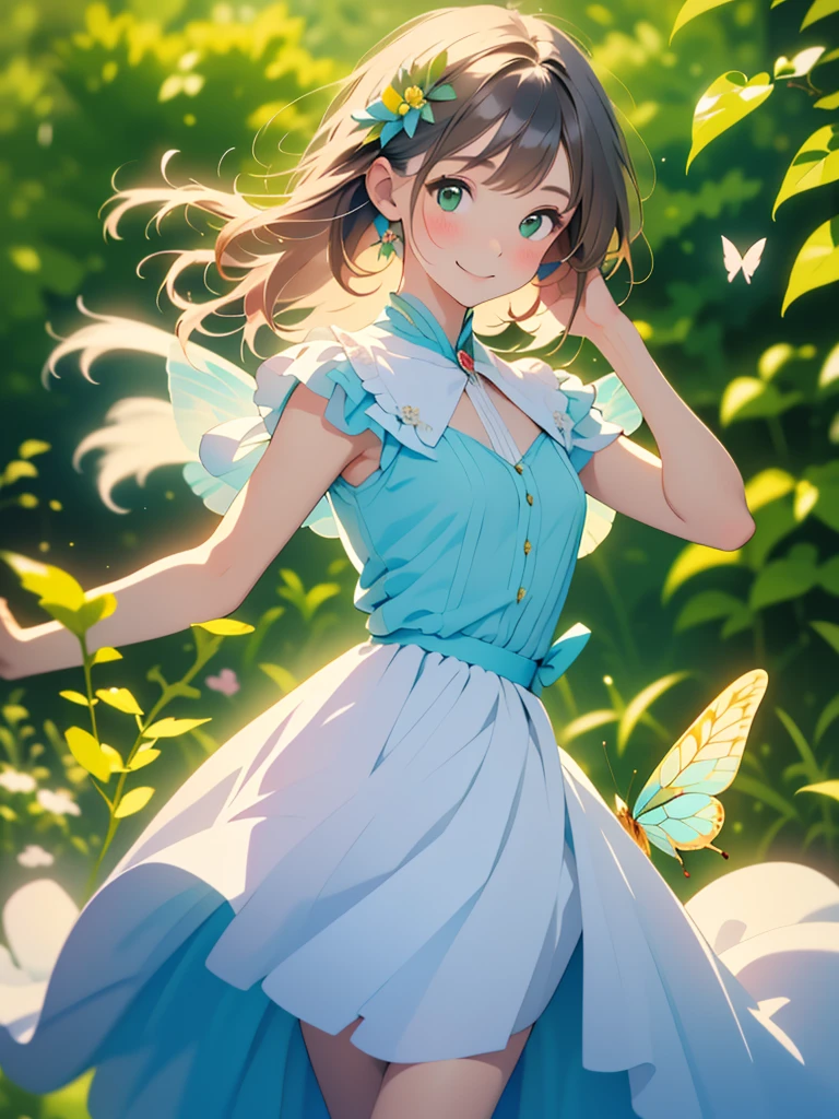 (masterpiece, Highest quality, Highest quality, Beautiful and beautiful:1.2), Excellent , (Watercolor painting 1.5), Long Shot, Straight short hair picture, Trendy Hair Color, Beautiful smile, Fairy, Butterfly Fairy costume, Pure white , Pure, charm, Colorful flowers of various colors, Flowers and green leaves wind, Botanical Art, Mr.A pose,