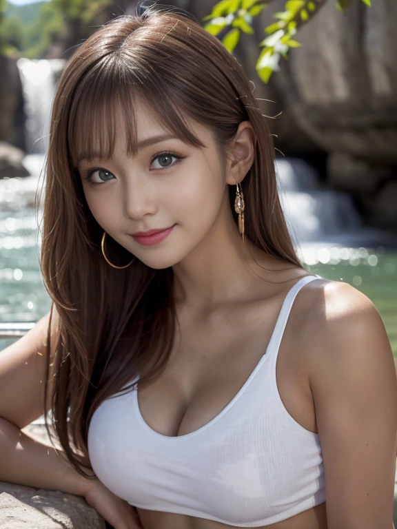 (8k, Highest quality, masterpiece:1.2), (Realistic, Realistic:1.37), Super detailed, 1 person, Korean, cute,alone,Beautiful and detailed sky,date,(blush),(smile:1.15),(Mouth closed)、Large Breasts、Beautiful and beautiful eyes,(Long Hair: 1.2),Floating Hair NovaFrogStyle, Upper Body, Tank top、Waterfall valley background、