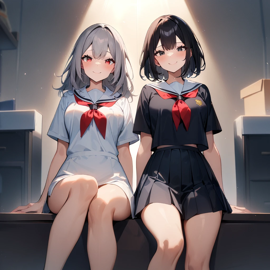 (2girls),adult,smile,school_uniform,White sailor,bareLegs,feet,barefoot,medium hair.black hair,gray hair,black eyes,red eyes,medium_breasts,breasts,masterpiece, best quality, very aesthetic, absurdres,front View,(straight-on),side by side,light,dynamic angles,(masterpiece, best quality, very aesthetic, absurdres