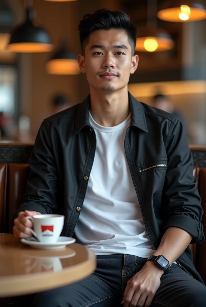 A handsome Indonesian man with a clean face, very short black hair with a slightly athletic look on the sides, wearing a white t-shirt with a premium logo, with an open black jacket,Neat jeans, stylish sports shoes, sitting relaxed in a cafe, with a cup of coffee and Marlboro cigarettes and a luxury lighter, realistic hd