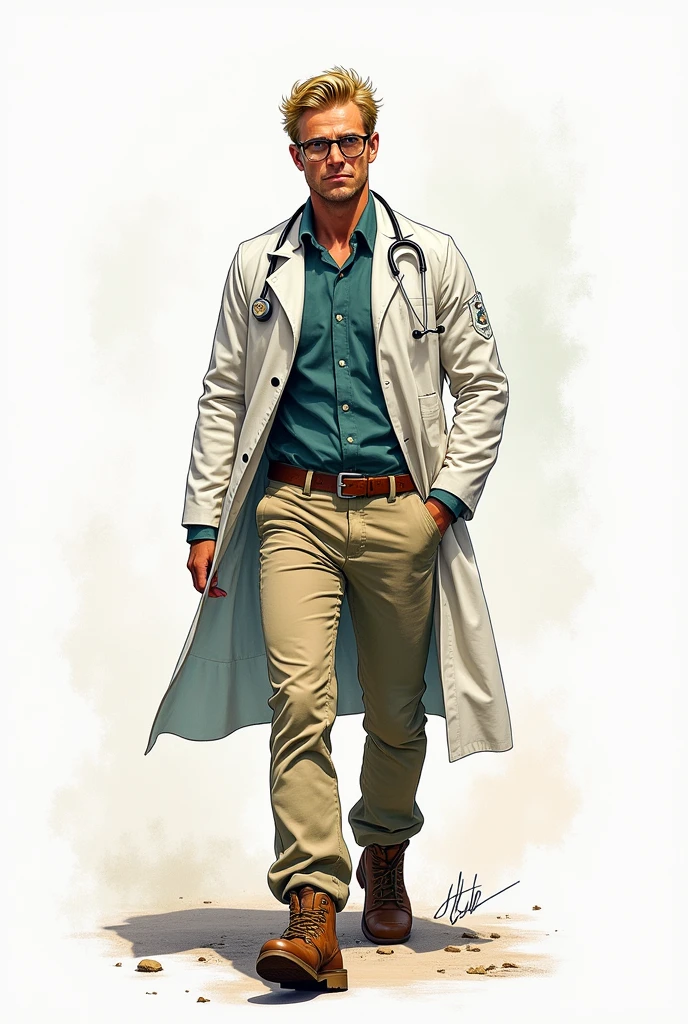 a drawing, bright coloured, A single man, 3, Cao Cao, dark blonde american hair, Eyeglasses, army doctor clothes, Beige pants, shoes, apocalypse style, white background, fully body