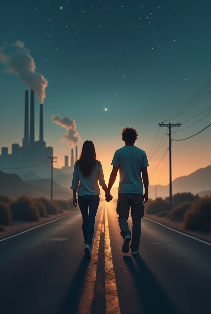 Left side factory city, right side desert with bushes, starry night, couple walking holding each others hand, light foggy, sodium street light, mystic feel, lone road, beautiful girl- hight 5'2" weight 55 kg wearing jeans and tops, man 5'7" weight 85 kg with silky straight hair, wearing cargo pant and t-shirt.