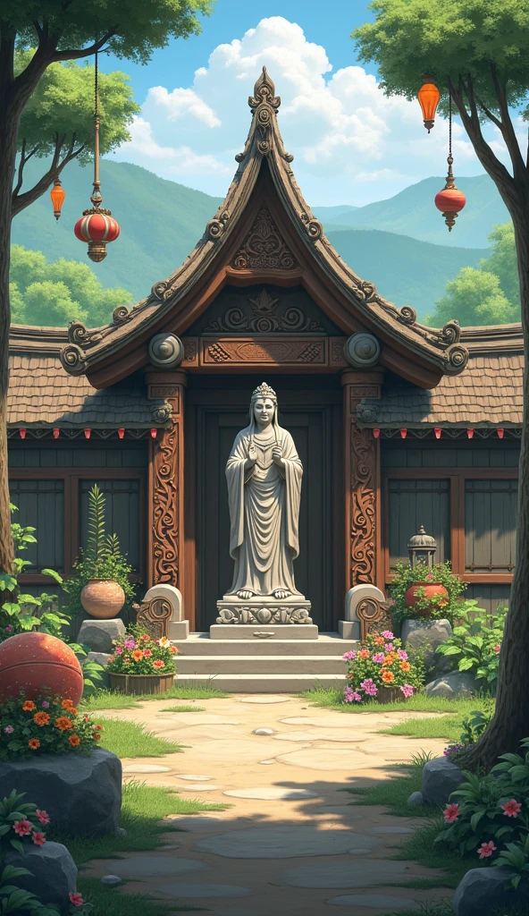 In a serene village nestled amidst lush green hills, an ancient shrine stands at the heart of the community. The shrine is a modest yet elegant structure, crafted from weathered wood and adorned with intricate carvings of nature and mythical symbols. The roof is gently curved, covered with thatch and decorated with sacred talismans that sway in the breeze.

At the center of the shrine, on a raised pedestal, is the revered statue of the village deity. The statue, made of weathered stone or bronze, depicts a powerful and benevolent god with a calm, wise expression. The deity is adorned with traditional symbols of protection and prosperity, such as a flowing robe, a halo, or a symbolic object (like a staff or a sacred animal) that represents their divine attributes. The craftsmanship of the statue is detailed, capturing the essence of the god's serene presence.

Surrounding the shrine, villagers have placed offerings—fresh flowers, fruit, and handmade trinkets—creating a colorful and respectful display. Lanterns hang from nearby trees, casting a warm, inviting glow around the shrine as dusk approaches. The air is filled with the soft murmurs of villagers paying their respects and the gentle sound of a nearby stream, adding to the tranquil atmosphere of the scene.

The entire setting is peaceful and reverent, reflecting the deep connection between the villagers and their guardian deity. The shrine stands as a testament to the enduring faith and cultural heritage of the community.




