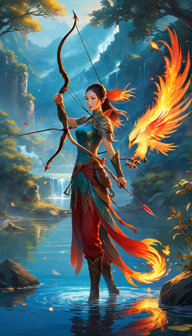 Painting of a water woman and a burning firebird、Hunters hold their bows and arrows、　Archer、A glowing phoenix in the distance、depth、Spectacular Background、Fantasy、