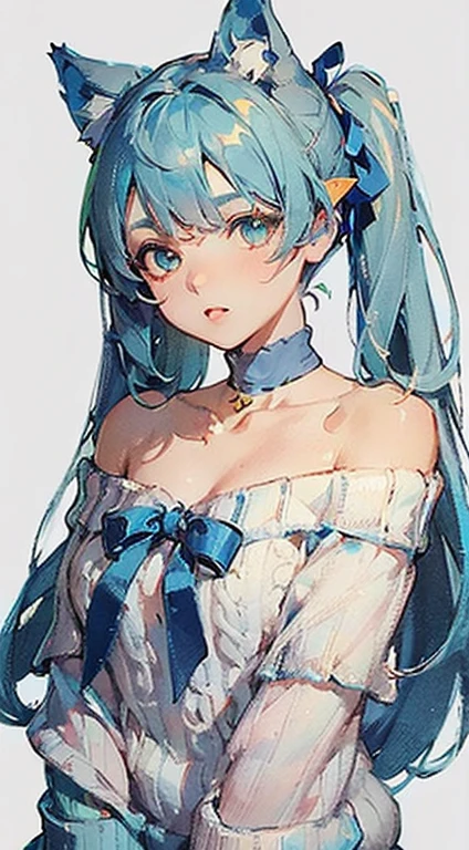 best quality, girl, 1girl, ((light_bow, flow), (✨(❤):1.2)(a girl, Cat ears, animal ears, twin tail, sleeveless sailor suit, white frilly skirt, off shoulder, (blue eye and green eye:1.4), long boots ,blue ribbon,Cat ears, animal ears, Hatsune Miku hairstyle, sleeveless sailor suit, white frilly skirt, ((blue off-shoulder jumper:1.4)), long boots, blue ribbon, cute, ), (upper body),cute, Thick Coating, choker with one star keychain,