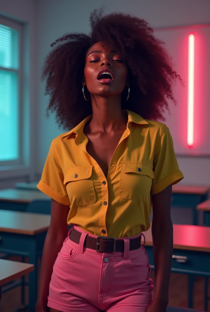 in the classroom, (1), (Dark skin), Dark skin, plano general, by rubio, ORGASM, (yellow button blouse, pink shorts with belt), (masterpiece, Professional lighting, 16k, 8K Wallpaper, raw photo, photorealistic:1.8, ultra detailed, natural lighting, sexy pose with detailed skin, open mouth, big lips, evening, closed eyes, magical energy, Neon light, ORGASM, yelling,