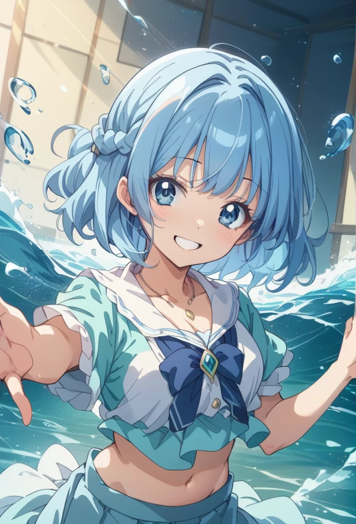 ((masterpiece、Highest quality))woman、Cleavage、cute、cute、belly button、My Favorites 、alone、Idol、Light blue skirt、Light blue hair、Short Bob、Bright Blue Eyes、Blue Ribbon、Scrunchie、Pleated skirt、smile、necklace、fish、smile、dance、sing、sight、Sparkling、Red cheeks、vocalist、Pretty Cure Costume、 Loud cheers、Surrounded by music、cuteポーズ、splash、