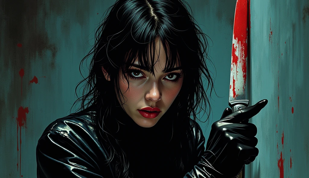 masterpiece, best quality, ultra detailed, disheveled hair, illustration, high saturation, colorful splashes, Italian girl, black gloves, surgical mask, holding knife, stabbing, blood, dark room , black raincoat, holding knife, behind , blood splatter, victim in bondage, long bangs, bathroom, shower, black wet suit, night, serial murderer, killer, dark atmosphere, Giallo film, Dario Argento, David Lynch, cinematic lighting, atmospheric realistic, Fumetti book aesthetic, 70's Euro-horror comic book vibe, lurid vivd colors, HD, 8x