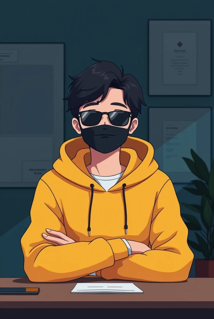 ANIME FRIENDLY LOOKING MALE BUSINESS CHARACTER WHO IS WEARING A BLACK FACE MASK. A YELLOW HOODIE AND SUNGLASSES. HE IS SITTING BEHIND HIS LAPTOP IN HIS OFFICE, ARMS ON HIS DESK. IT IS NIGHT. THE ROOM HAS VOLUMETRIC LIGHTING. HE IS FRONT FACING TO THE CAMERA, LOOKING STRAIGHT AND CENTERED. CENTRAL PORTRAIT, SITTING STRAIGHT, FRONT VIEW, CENTERED LOOKING STRAIGHT. THE OVERALL AMBIANCE OF THE IMAGE SHOULD CONVEY A CONNECTION TO MINIMALISM, FLAT ILLUSTRATION, BOLD LINE, MINIMALISM, SIMPLIFIED, GOUACHE ILLUSTRATION. 8K RESOLUTION