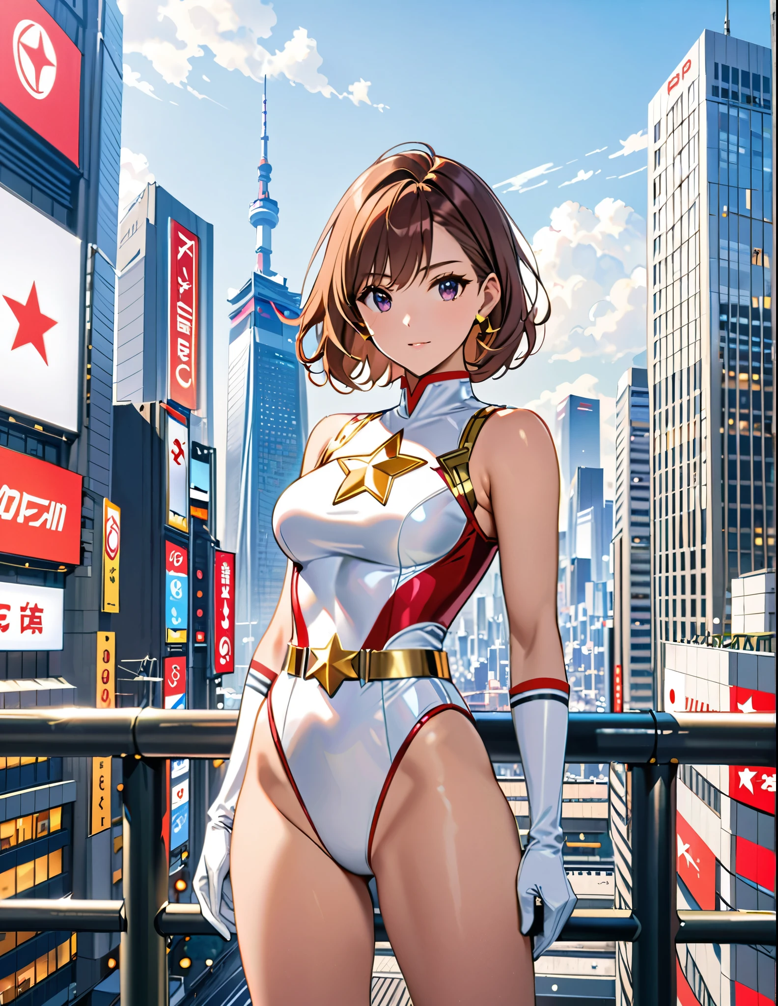 (masterpiece), (best quality), (high res), medium breasts, ((leotard, white and red leotard, matching leotard, sleeveless, bare legs)), ((tight belt, gold belt)), ((boots, matching boots, ankle-high boots, white boots)), ((gloves, white gloves)), city backdrop, tokyo city backdrop, solo, solo focus, standing, (full body), cowboy shot, superhero, ((beautiful detailed eyes)), ((gold star symbol on chest)), (brown hair, medium hair, bob hair, purple eyes), (perfect hands, perfect anatomy), cowboy shot, superhero, ((beautiful detailed eyes)), full body costume design.