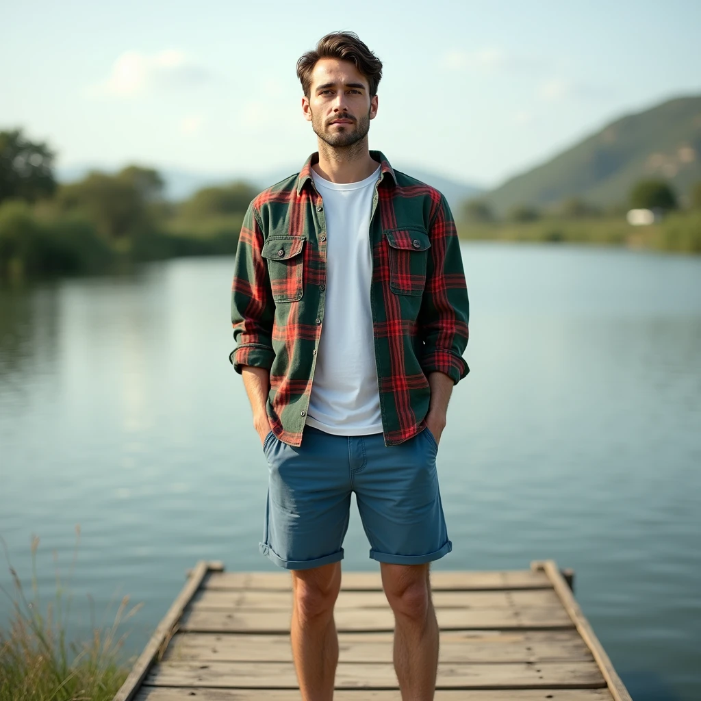 A white man, aged 36, model type, with short dark hair, with clear eyes, wearing a white shirt underneath a green and red plaid shirt, blue shorts, tennis, on top of a pier on a lake in Alentejo