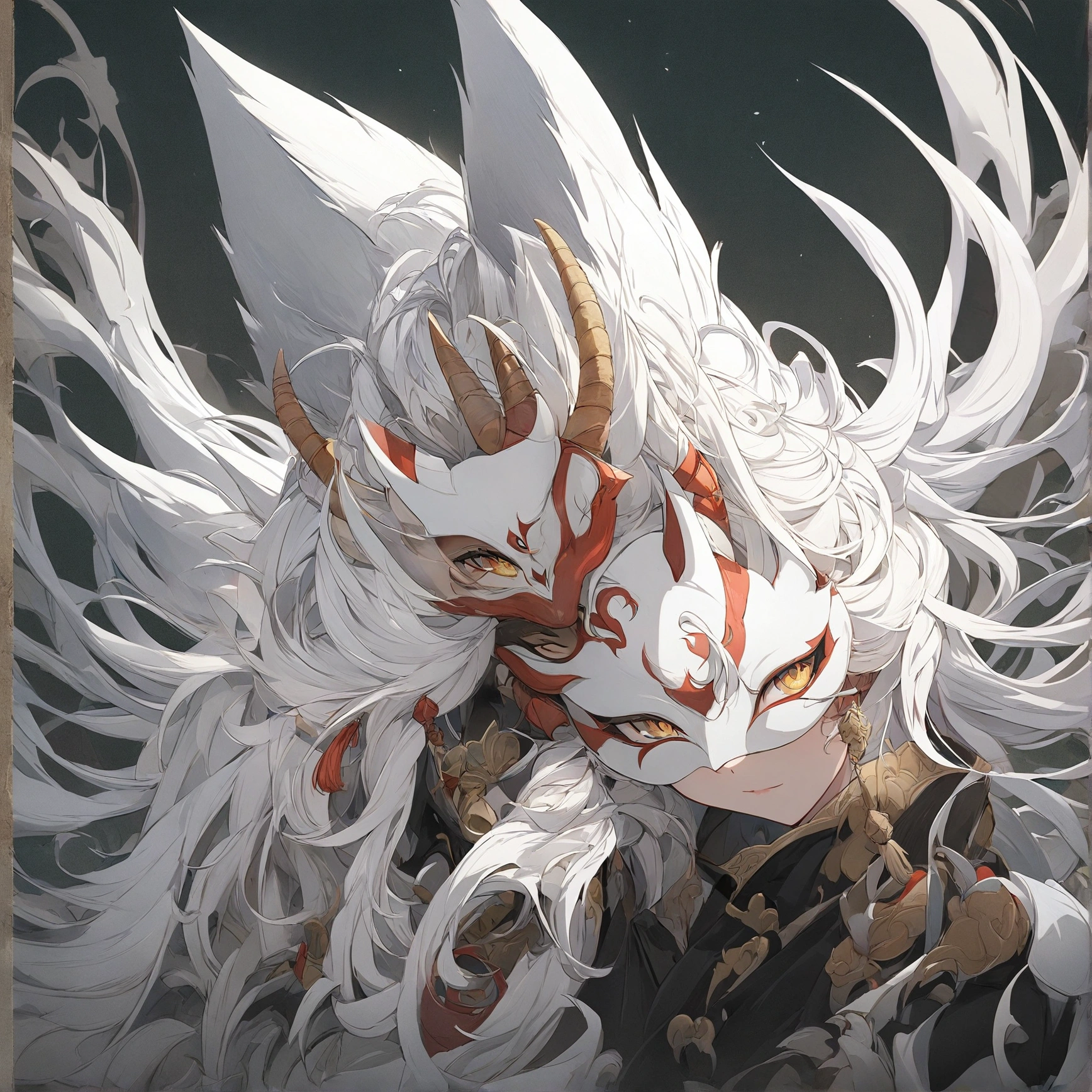anime character with white hair and a white mask with long white hair, onmyoji portrait, white fox anime, onmyoji detailed art, with kitsune mask, horns, demon horn
