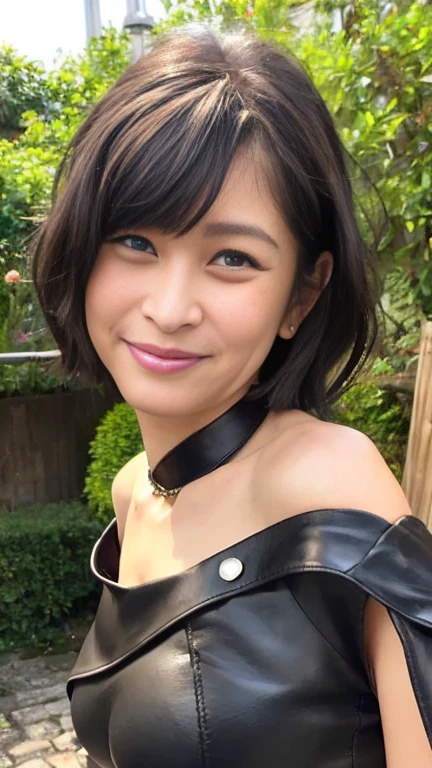 最high quality, 8k, Vibrant, Sharp focus, high quality, High resolution, Middle-aged women, Mature Woman, 5, (Whole Body Ezbian), (High heels face detail, Highly detailed eyes, Plump figure、Plump face、((big 1.6))、(((Large Breasts)))、((Black leather clothing))、garden、Random Hairstyles、A kind smile、