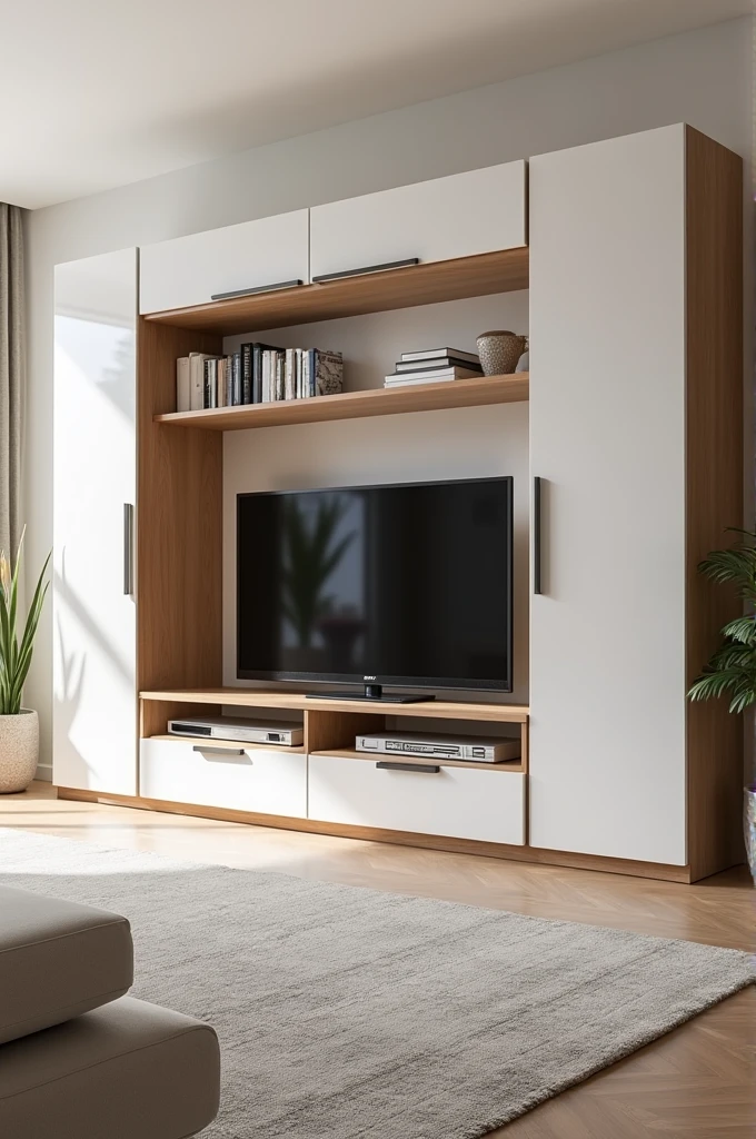 Create furniture for living room which includes wardrobe and cupboard. The colours are white and wood colour that looks like wood. The TV is already there on the mantlepiece in the center of the wall. So on the both sides design furniture