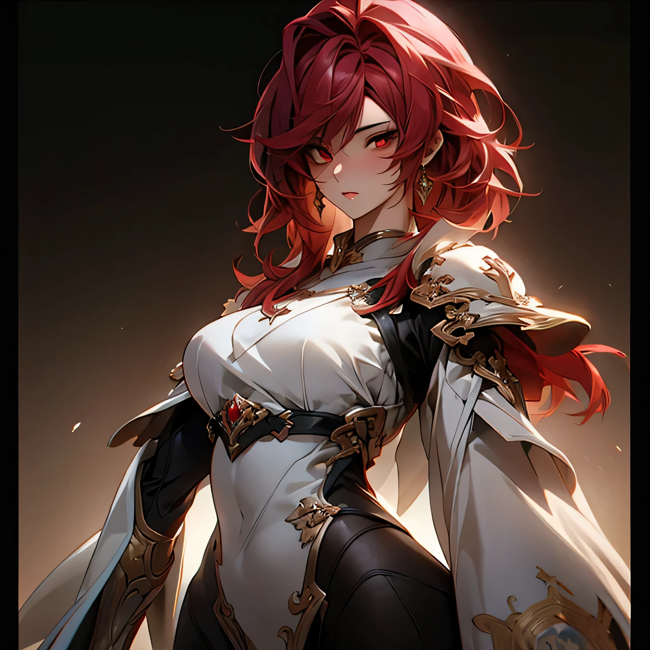 (best quality)), ((Masterpiece)), (details:1.4), 3d, HDR (high dynamic range), adult, Red hair, Red eyes, hips up, จมูกโด่ง, ปากแดง, หน้าอกใหญ่, nvidia RTX, PBR surface, After processing, Anisotropic filtration,depth of field, Maximum clarity and clarity, multi-layered surface, Subsurface scattering, perfect proportions, 8K raw files, ultra detailed, Perfect proportions, volumetric lighting, soft lighting, Holy Paladin, Heavy Red Armor, glossy skin, intricate grey background, strong back lighting, jewely, ต่างหู, นิ้วมือสมบูรณ์,