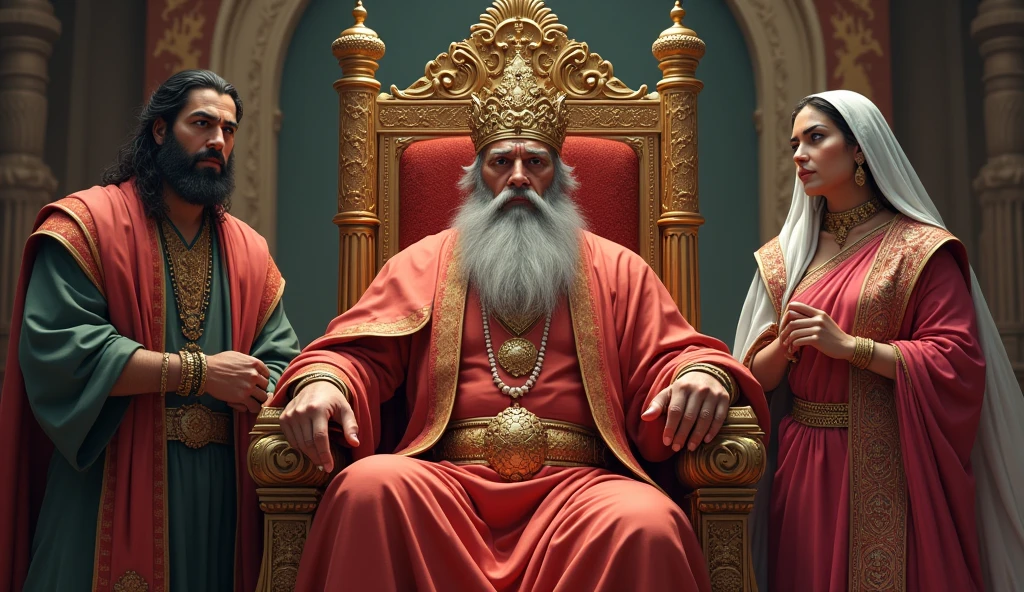 King Subala on the Throne: King Subala ruling from his throne, with Shakuni and Gandhari by his side