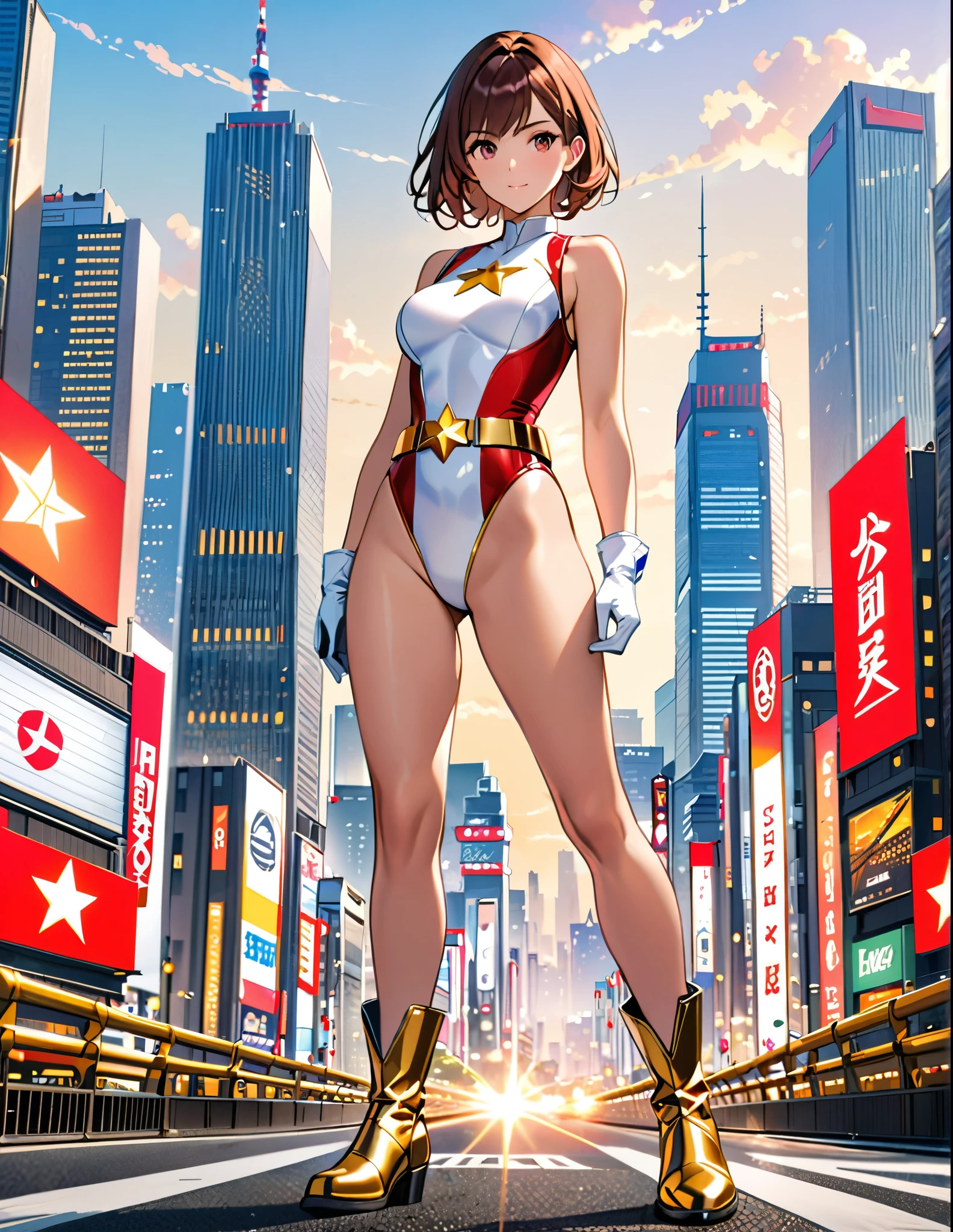 (masterpiece), (best quality), (high res), medium breasts, ((leotard, white and red leotard, matching leotard, sleeveless, bare legs)), ((tight belt, gold belt)), ((boots, matching boots, ankle-high boots, white boots)), ((gloves, white gloves)), city backdrop, tokyo city backdrop, solo, solo focus, standing, (full body), cowboy shot, superhero, ((beautiful detailed eyes)), ((gold star symbol on chest)), (brown hair, medium hair, bob hair, purple eyes), (perfect hands, perfect anatomy), cowboy shot, superhero, ((beautiful detailed eyes)), full body costume design.