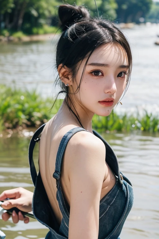 (2 pure Japanese girl,), (Small breasts:1.5,),(Mole on left side of neck:1.5),(solo,,Textured skin, Detailed skin,Detailed face,Detailed eyes,detailed posing,Natural eyebrows,Sparkling Eyes,High detail, Highest quality, Super detailed, Surrealism, ,8k,RAW Photos,Photographicism,Professional Lighting,Ray Tracing,Portrait Photography,Natural Light),(((Black Hair, Natural Makeup,Simple earrings, Bun Hair,Overalls))),(have a fishing rod,Fishing in the river:1.3)
