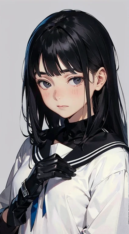 (((masterpiece))), (((best quality))), ((ultra-detailed)), (illustration), (detailed light), ((an extremely delicate and beautiful)), (beautiful detailed eyes), (better hands:1.2), cake, holding cake, holding, beautiful hands, perfect anatomy, 1girl, black hair, (long hair:1.2), (himecut:1.2), (straight bangs:1.2), black eyes, half closed eyes, (empty eyes:1.2), blank eyes, surprised, shy, blush, black serafuku, black leather gloves, medium chest, (jitome:1.3), simple background, grey background, flat_colorligne_claire