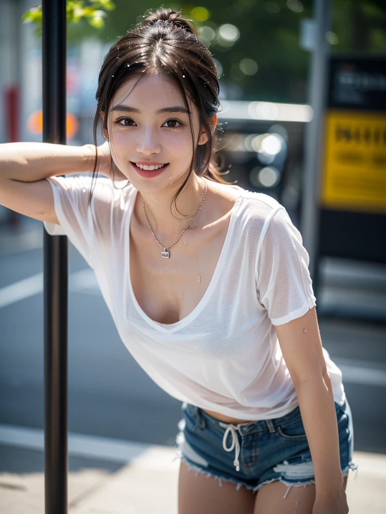 (8k、RAW Photos、Highest quality、masterpiece:1.2)、(Real、Photorealistic:1.37)、1girl、solo、Japanese、Age 25、woman、Jiebing、Wet street、Natural light、Photon Mapping、Radio City、Detailed face、Detail lips、Details、Detailed muscle、Double eyelids、Dark Brown Hair、(Small breasts)、((A soaked white shirt with a loose neckline))、((Soaked shorts))、necklace、Perfect body、smile、(Wet Body:1.2)、(Leaning forward)、Cowboy Shot、Look into the camera