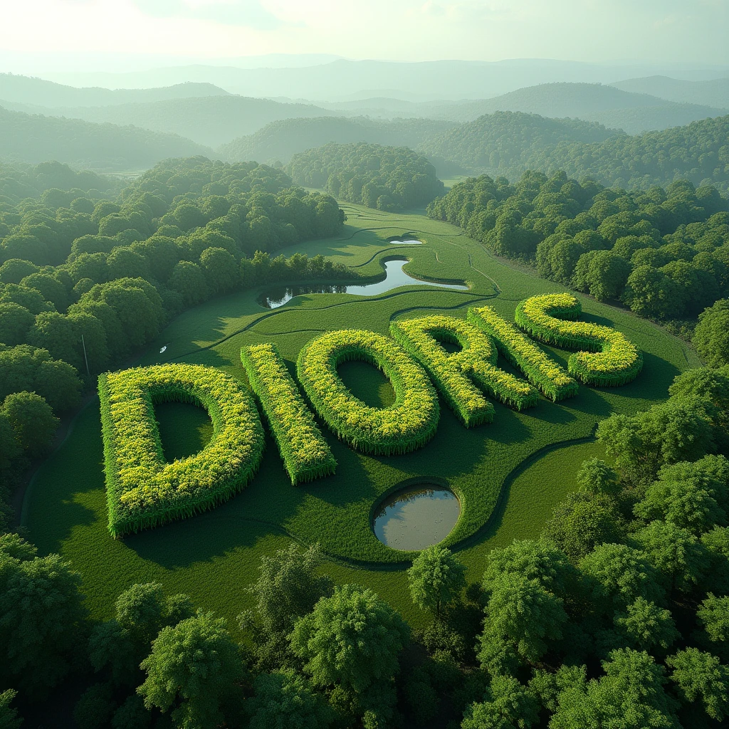 In the distance a large vegetation forms these letters DIORIS aerial view