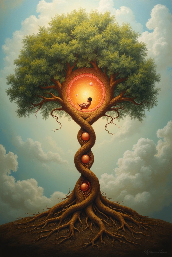 A surrealist and symbolic work of art entitled 'Tree of Life: A Metaphor of the Human Cycle'.
**Detailed Description:**
- **Scenario:** An ethereal background with soft, tonal colors, maybe a sunrise or sunset, which enhances the mystical and contemplative aura of the scene. The environment can be a dreamscape, combining natural elements with abstract touches.
- **central tree:** in the center of the composition, a majestic and detailed tree that symbolizes the cycle of human life.
- **Roots as Sperm:** The roots of the tree are formed by countless intertwined sperm cells, arranged in a helical structure reminiscent of a DNA double helix. These roots extend deep into the earth, showing vitality and complexity, with brilliant details that highlight its importance in the generation of life.
- **Trunk with Embryonic Evolution:** The tree trunk displays, carved or incorporated harmoniously, the five stages of human embryonic development, arranged from bottom to top:
1. **fertilized egg:** A luminous sphere at the base of the trunk, radiating energy and potential.
2. **4-cell embryo:** A simple geometric formation, showing the first cell division.
3. **8-cell embryo:** A more complex structure, indicating progress in development.
4. **Mórula:** A compact cell mass, representing preparation and transformation.
5. **Blastocyst:** A more defined and structured form, ready for deployment, symbolizing advancement and readiness.
Each stage is fluidly connected, with smooth transitions that reflect the continuity and flow of human development.
- **Foliage as Placenta:** At the top of the trunk, the tree's crown opens into dense, protective foliage that resembles a placenta. The leaves have warm and welcoming tones, with soft textures that provide nutrition and protection. In the center of this foliage, is a **Newborn baby