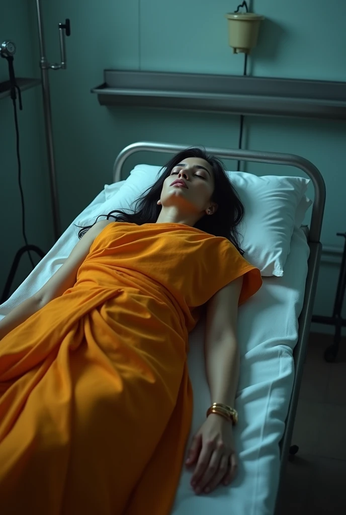 A beautiful girl in safron saree dead body laying down in a morgue bed 4k realistic