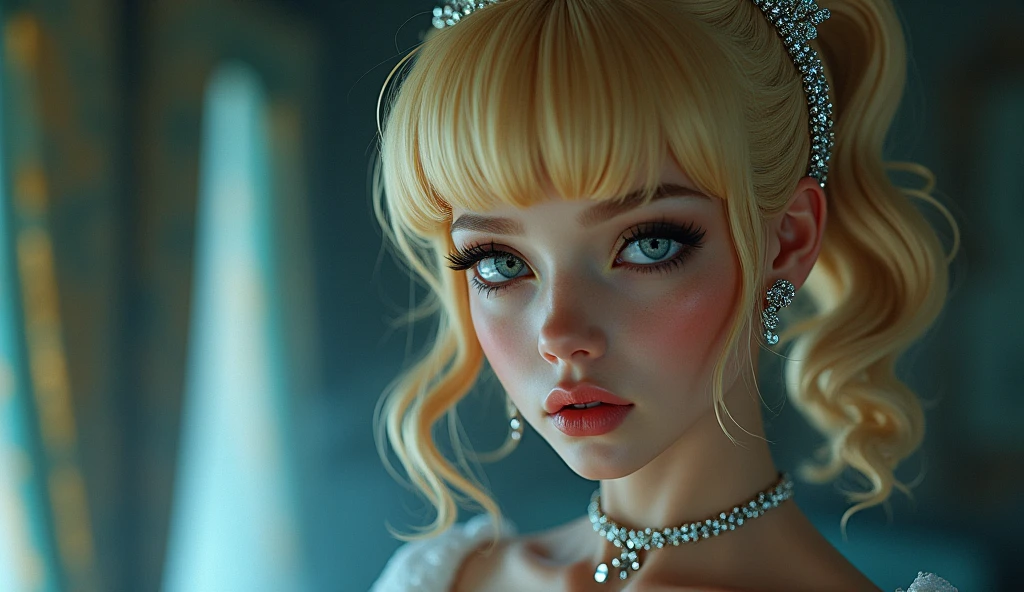 Cinderella,Cinderella,Yandere,Blonde,Retro Hairstyle,Diamond Hair Accessories,Blue shoes,Crystal slippers,a disdainful expression