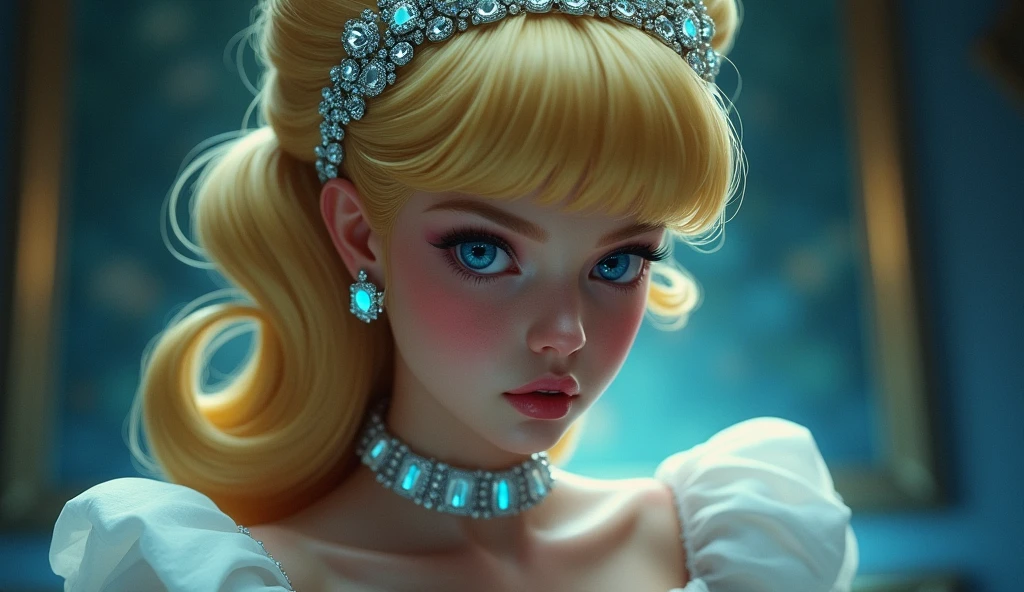 Cinderella,Cinderella,Yandere,Blonde,Retro Hairstyle,Diamond Hair Accessories,Blue shoes,Crystal slippers,a disdainful expression