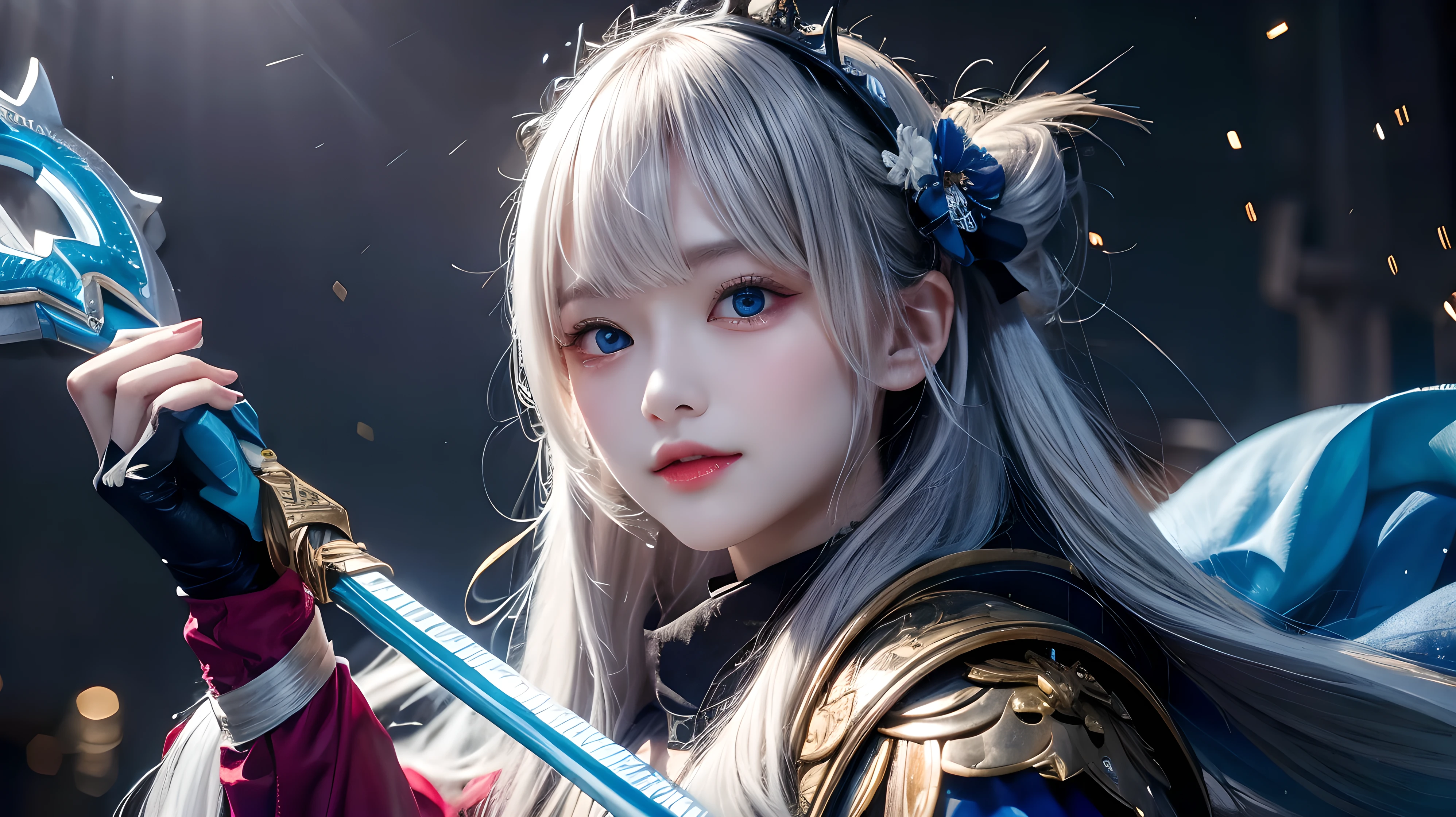 dark cave background、Watery blue eyes that glow in the dark、
((​masterpiece))、((top-quality))、beautiful girl with a cold face、Holds up a sword that emits blue light