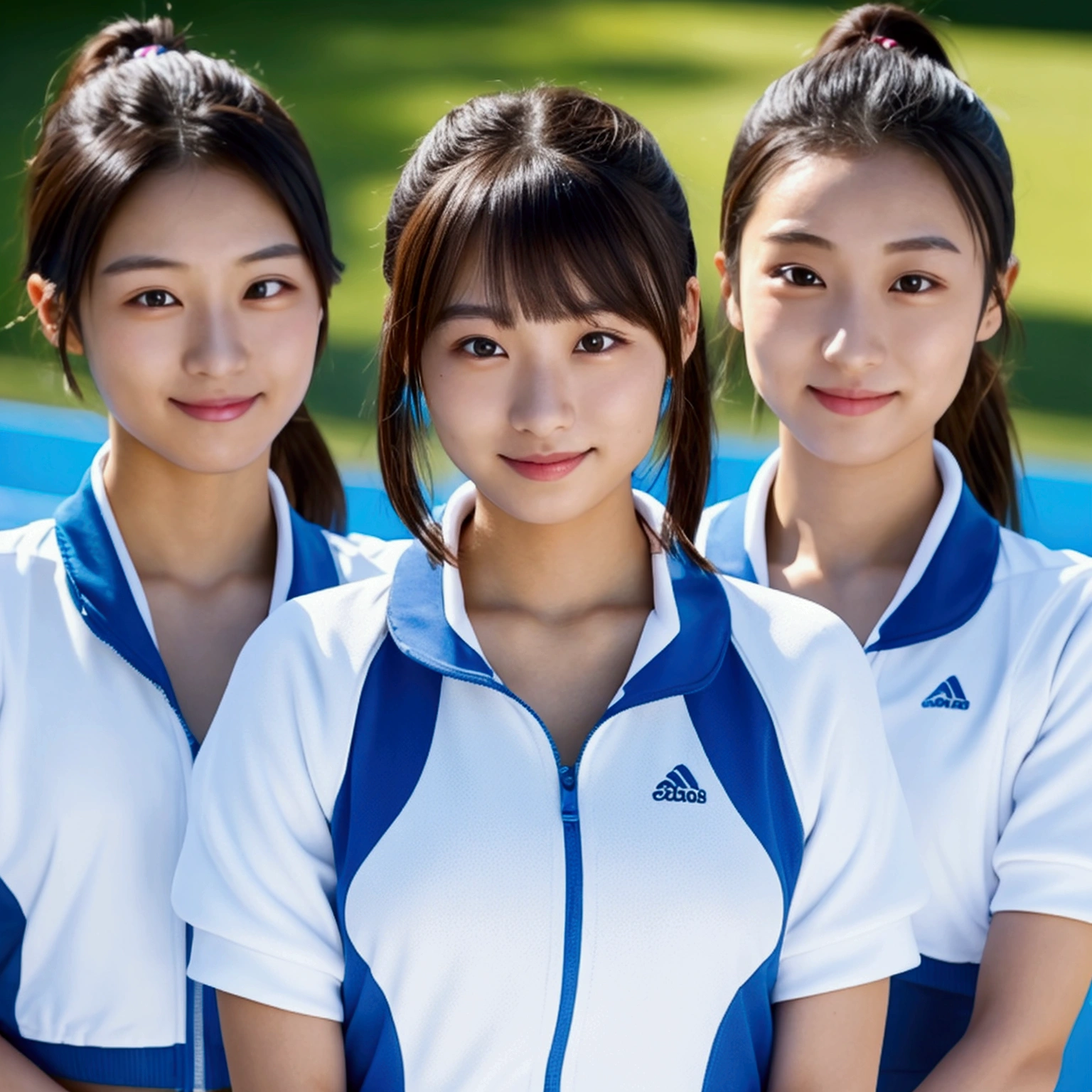 a beautiful young japanese idol with short brown hair in a short ponytail, wearing a tight white and blue tracksuit, standing in a group of 3 other young female japanese track and field athletes wearing matching bikini-style athletic uniforms, highly detailed, realistic, photorealistic, 8k, best quality, masterpiece, detailed face, beautiful eyes, sharp focus, vivid colors, cinematic lighting、smile