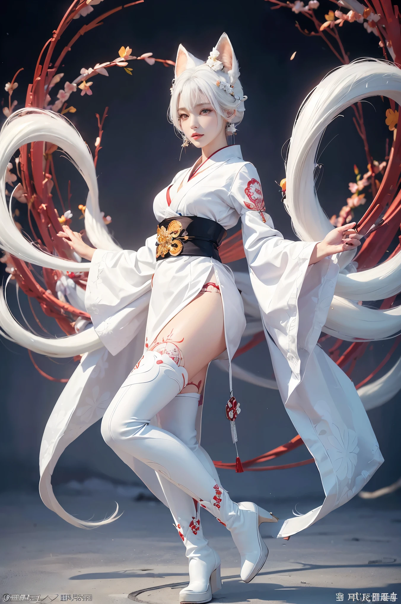 (Absurdly , high quality , Very detailed,Nine-tailed fox looking at photographer、9 tails)、(((White Hair、White fox ears)))、A gorgeous Japanese kimono in a variety of colors, beautifully detailed with intricate patterns and traditional designs.、((hair ornaments、Earrings、White Pantyhose、White high boots))、((Tattoo))、(masterpiece, 最high quality, 最high quality, Official Art, Beauty and aesthetics: 1.2), (One person: 1.3)、Sun Background
