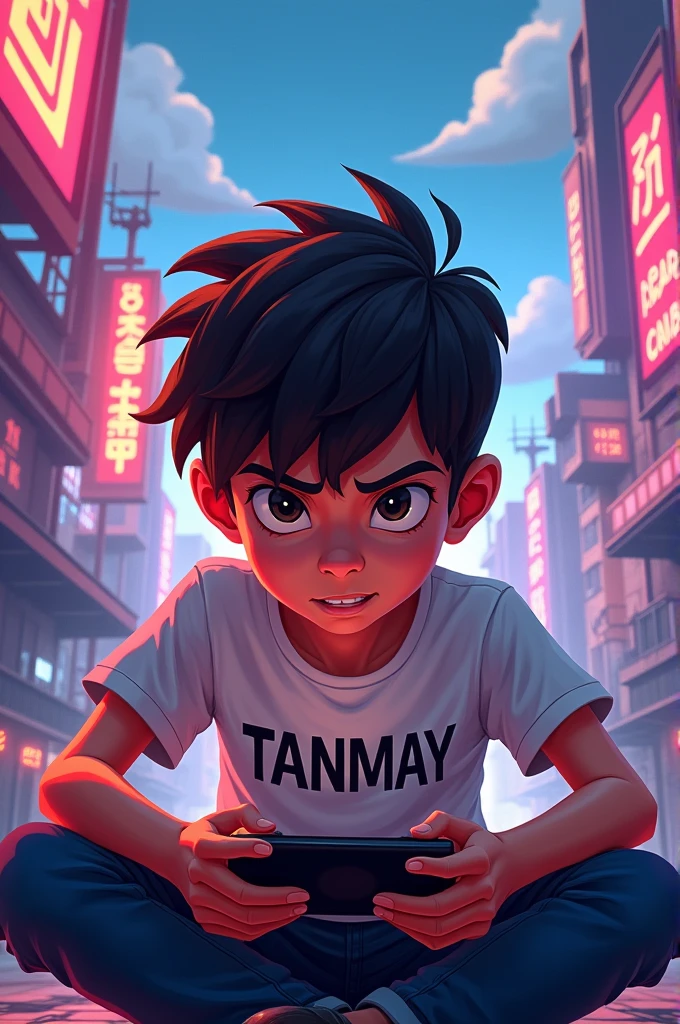 I want a boy named tanmay on his t shirt and playing free fire