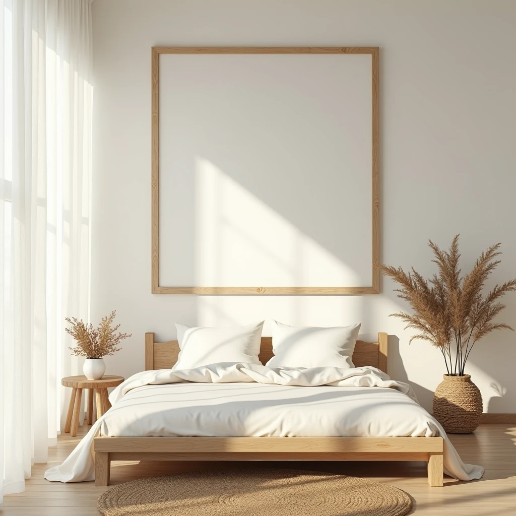 A bright and airy bedroom featuring a simple wooden bed adorned with cream-colored bedding and pillows. On the wall above the bed is a large, blank canvas framed in light wood, centered to create a focal point in the room. The space is filled with natural light filtering through white, sheer curtains. The decor is minimal, emphasizing the clean lines and calm ambiance of the room