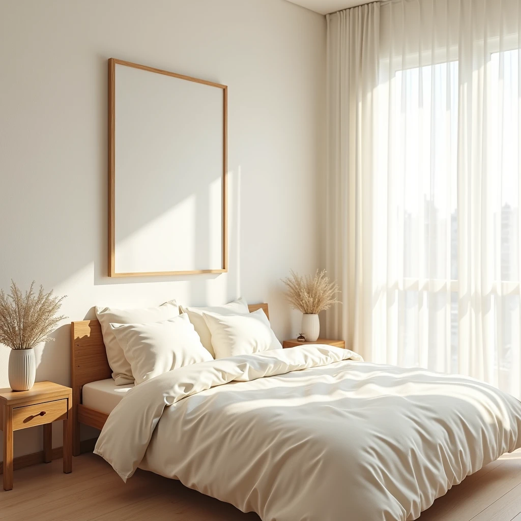 A bright and airy bedroom featuring a simple wooden bed adorned with cream-colored bedding and pillows. On the wall above the bed is a large, blank canvas framed in light wood, centered to create a focal point in the room. The space is filled with natural light filtering through white, sheer curtains. The decor is minimal, emphasizing the clean lines and calm ambiance of the room