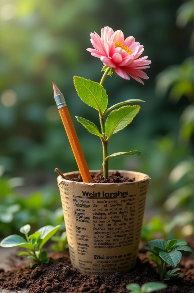 A pencil made of newspaper that is buried in a flowerpot and a wildflower plant comes out of it