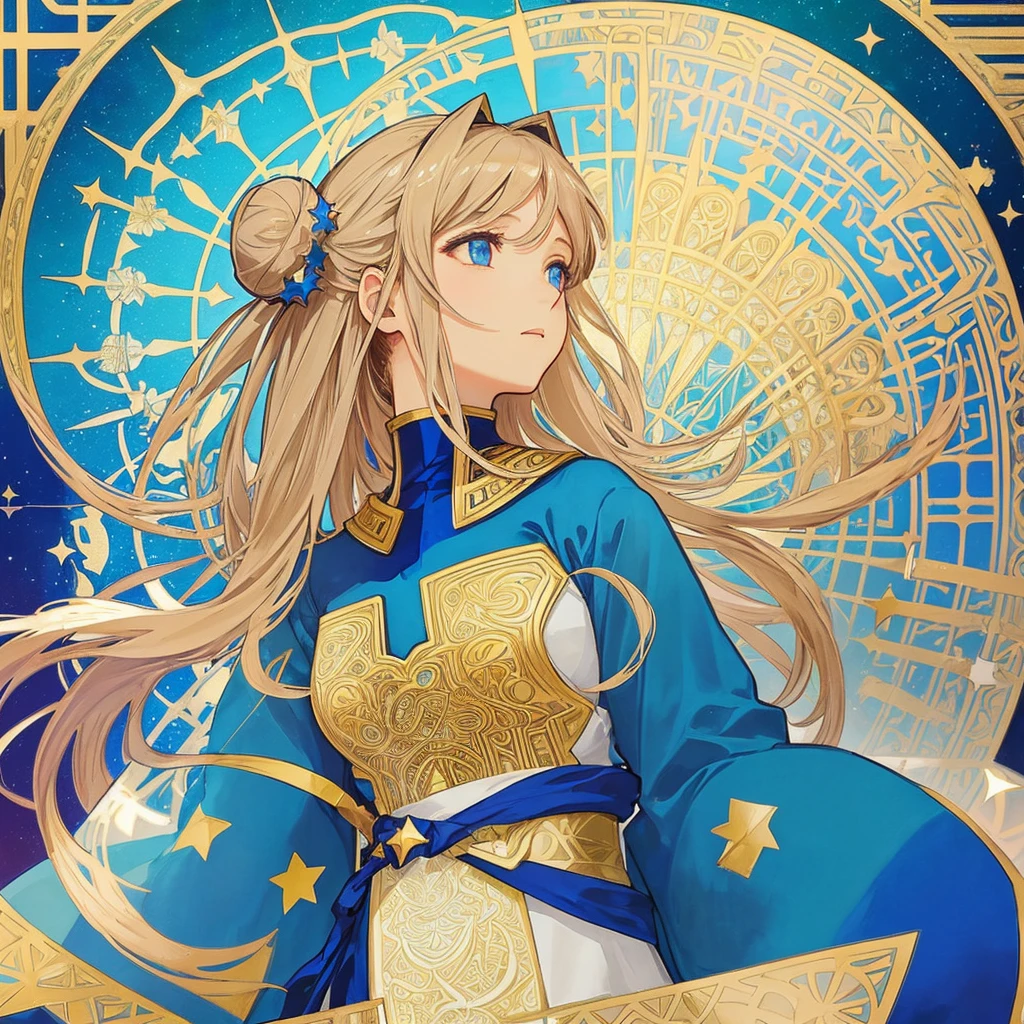 1 girl, (masterpiece, highest quality, highest quality, beautiful and aesthetic: 1.2), (1 girl: 1.3), lots jewelry, delicate arabic style clothing, square picture frame, ((face)), cool face, Traditional Arab blue dress, color hairstyle, Ultra-detailed, Soft Light, Gentle colors, solo, dynamic, (((geometric star patterns in the background))), profile,低めのポニーテール, bun hair, Alphonse Mucha's