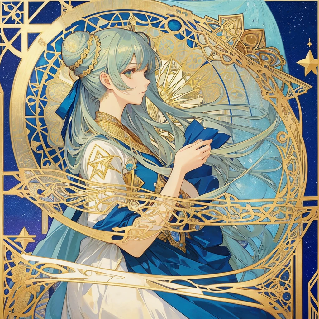 1 girl, (masterpiece, highest quality, highest quality, beautiful and aesthetic: 1.2), (1 girl: 1.3), lots jewelry, delicate arabic style clothing, square picture frame, ((face)), cool face, Traditional Arab blue dress, color hairstyle, Ultra-detailed, Soft Light, Gentle colors, solo, dynamic, (((geometric star patterns in the background))), profile,低めのポニーテール, bun hair, Alphonse Mucha's
