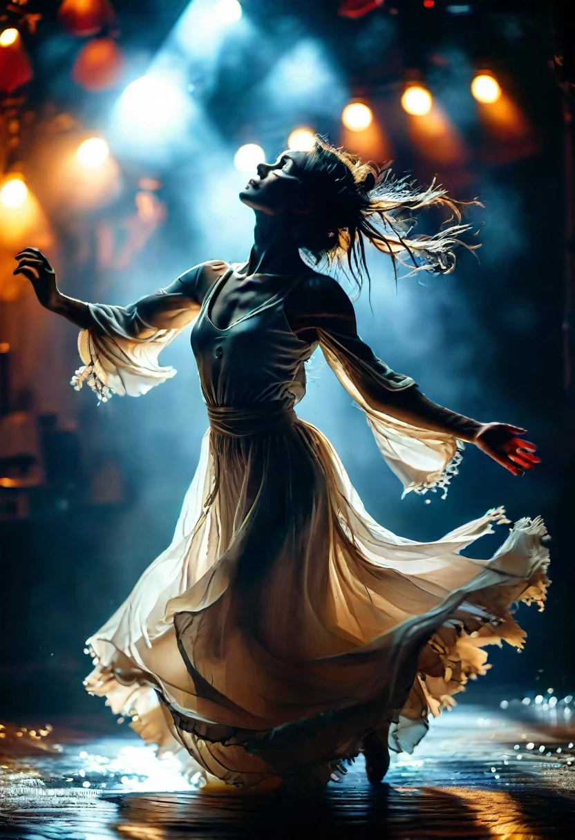  A passionate dancer gracefully performing on stage, her fluid movements depicting raw emotion, captured by the Sony A7 III's sharp lens, the studio lights creating dramatic shadows that enhance her expression, -ar 16:9 --chaos 15 --stylize 50 --v 6